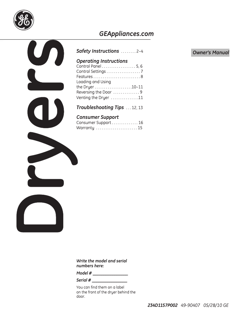 Page 1 de la notice Manuel d'utilisation et d'entretien GE GTDX400GDWS