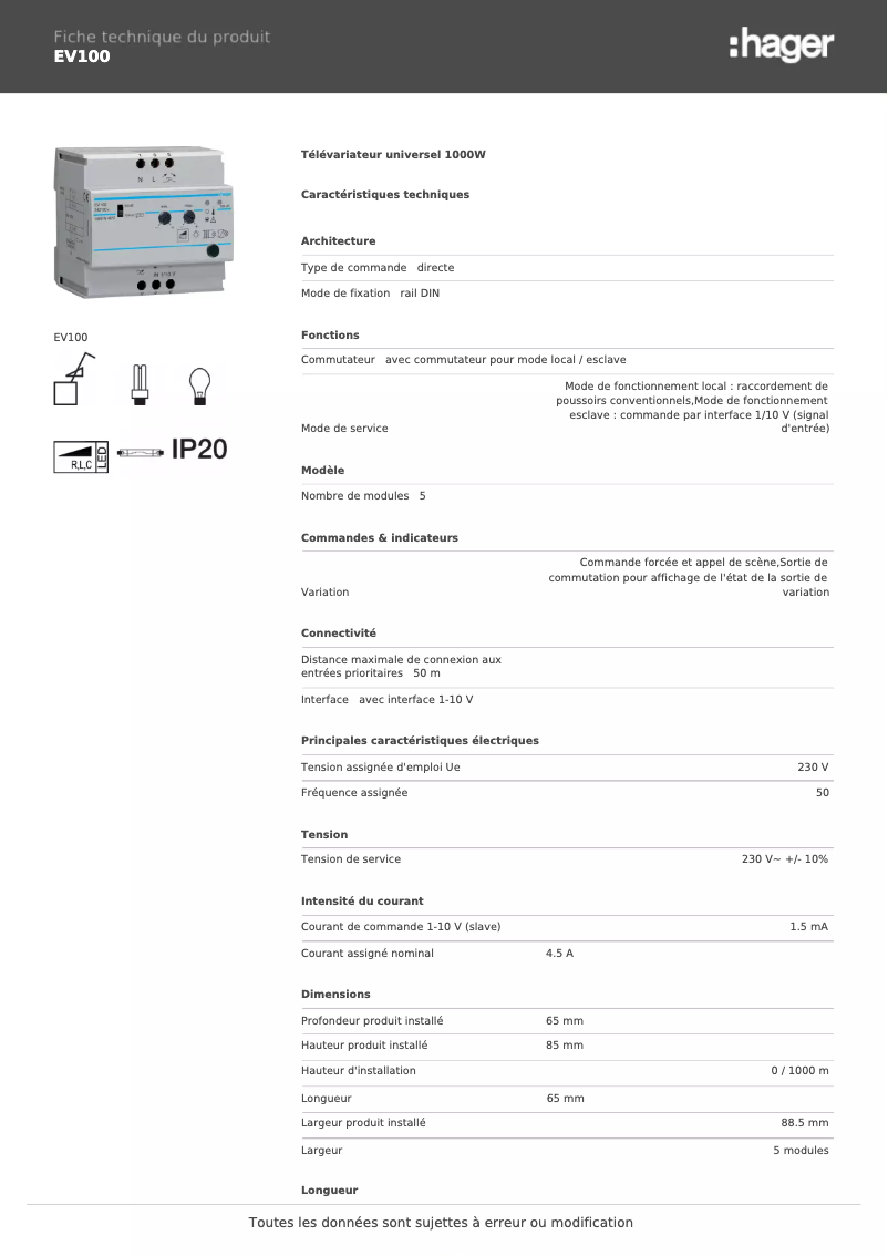 Page n°1 - Fiche technique Hager EV100