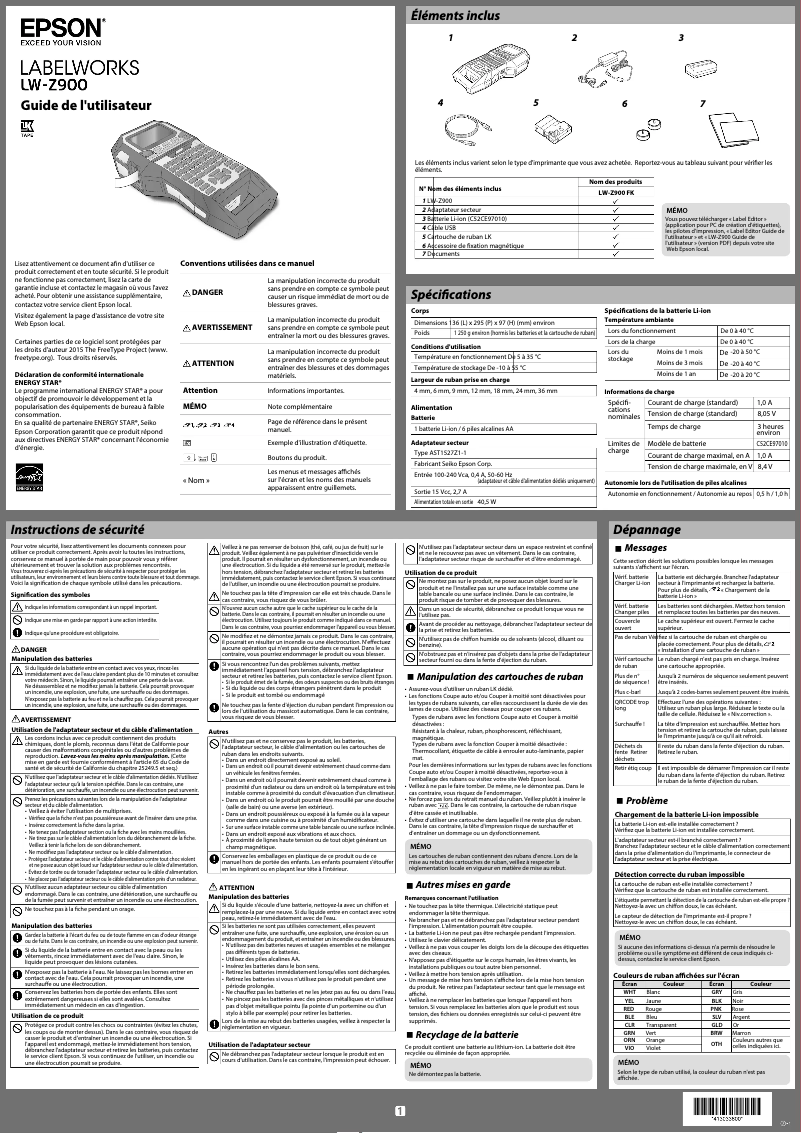 Page 1 de la notice Guide de démarrage rapide Epson LabelWorks LW-Z900