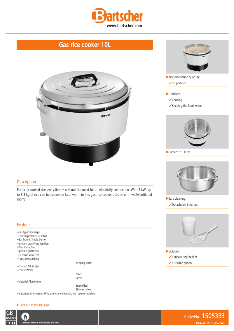 Page 1 de la notice Fiche technique Bartscher 1505393