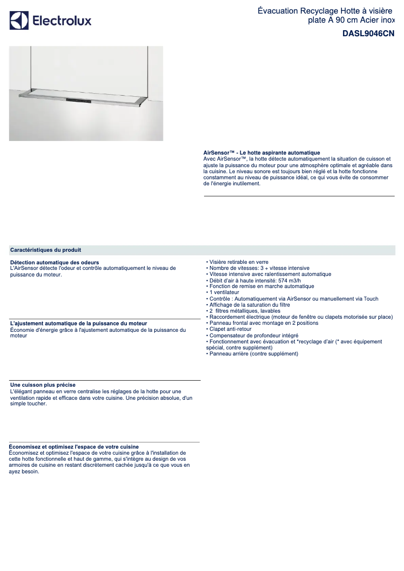 Page 1 de la notice Fiche technique Electrolux DASL9046CN