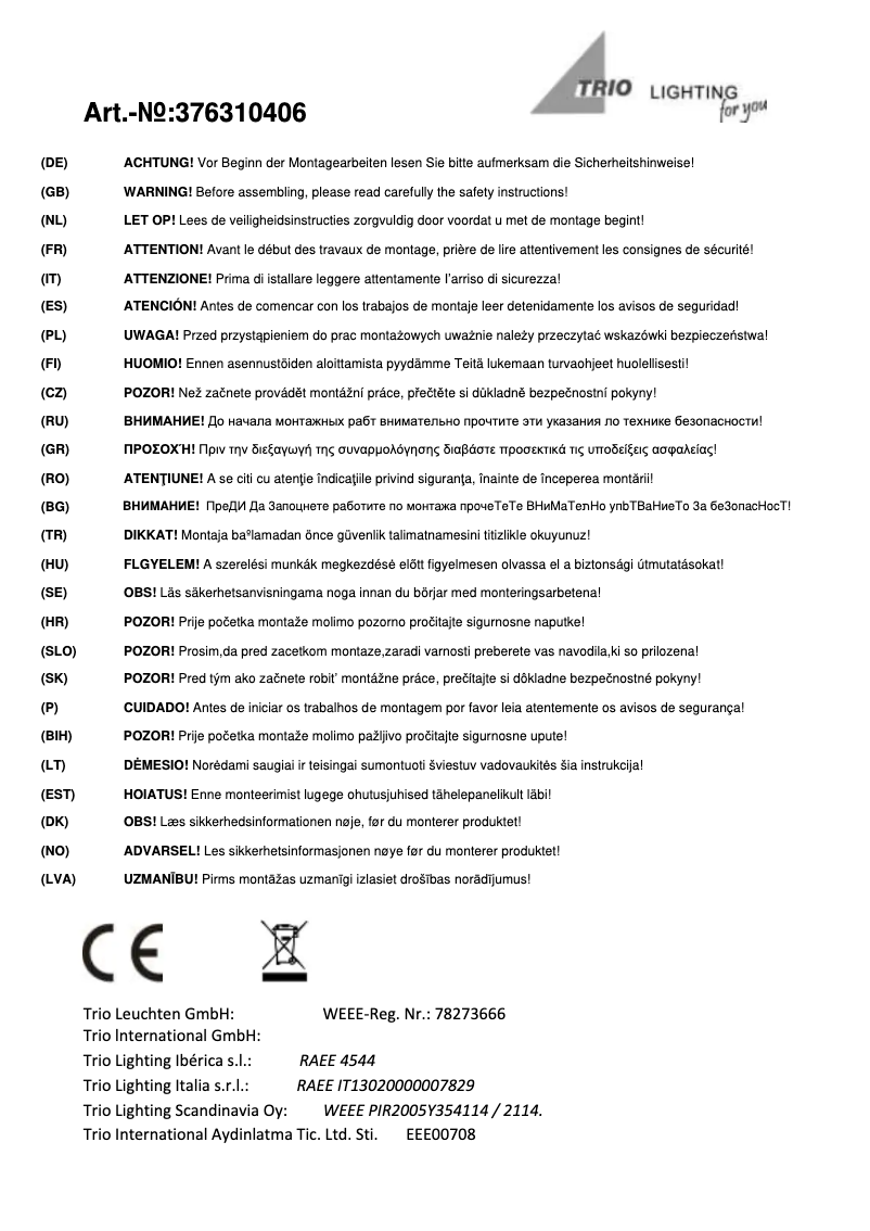 Page n°1 - Manuel utilisateur Trio Lighting Portofino