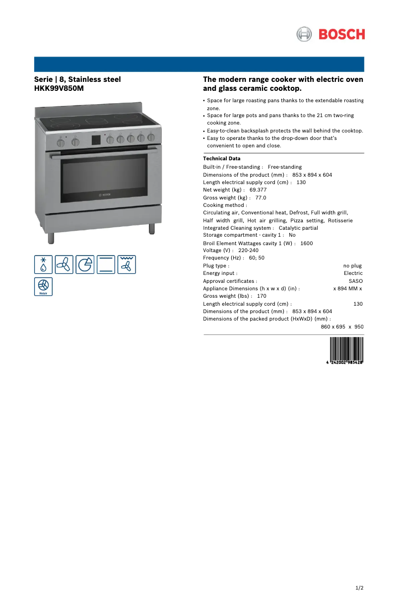 Page 1 de la notice Fiche technique Bosch HKK99V850M