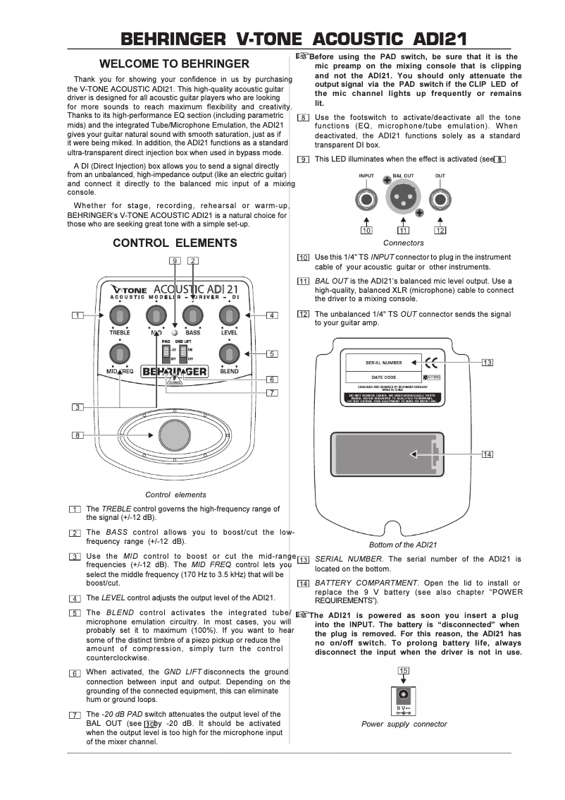 Page n°1 - Manuel utilisateur Behringer V-Tone Acoustic ADI21