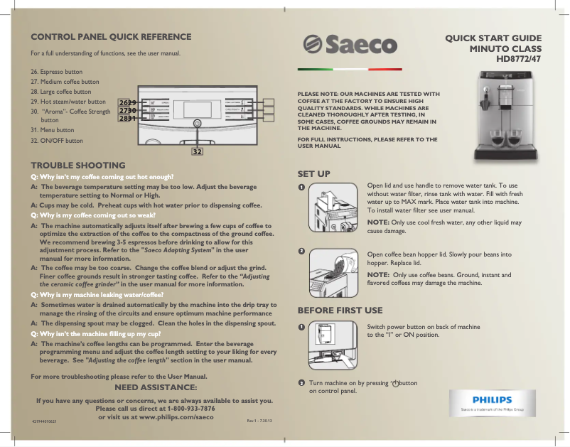 Image de la première page du manuel de l'appareil Saeco Minuto HD8772