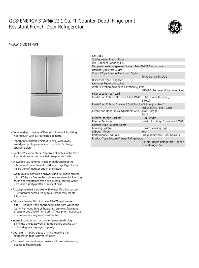 Page 1 de la notice Fiche technique GE GWE23GYNFS