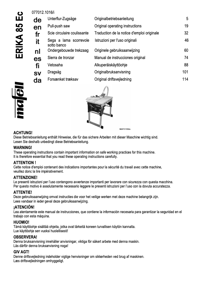 Page n°1 - Manuel utilisateur Mafell Erika 85Ec