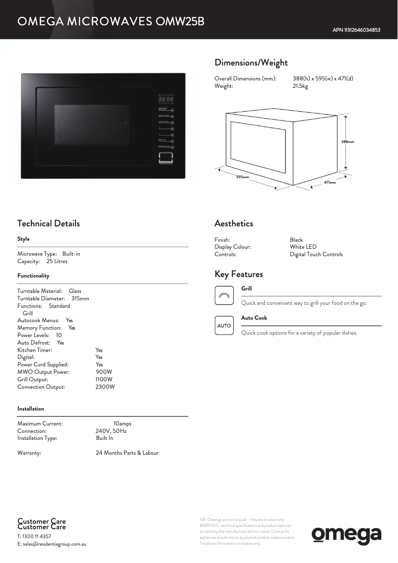 Page 1 of the manual Technical Sheet Omega OMW25B