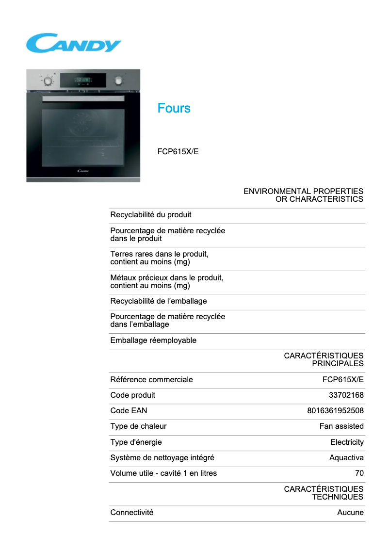 Page n°1 - Fiche technique Candy FCP615X/E