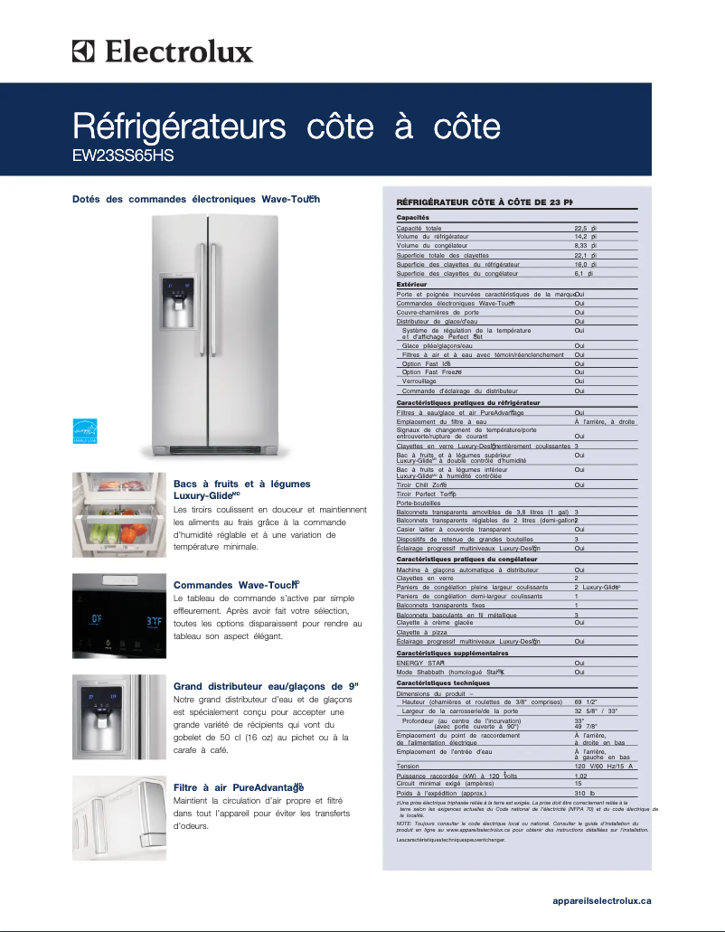 Page 1 de la notice Fiche technique Electrolux EW23SS65HS