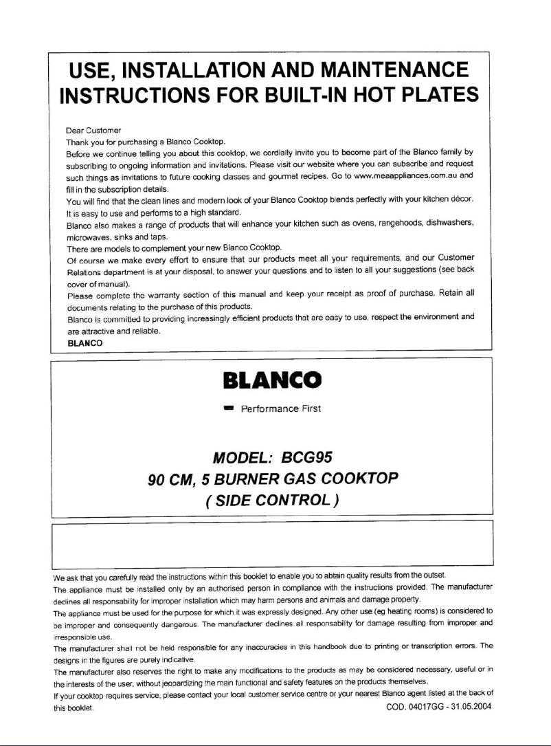 Page n°1 - Manuel utilisateur BLANCO BCG95