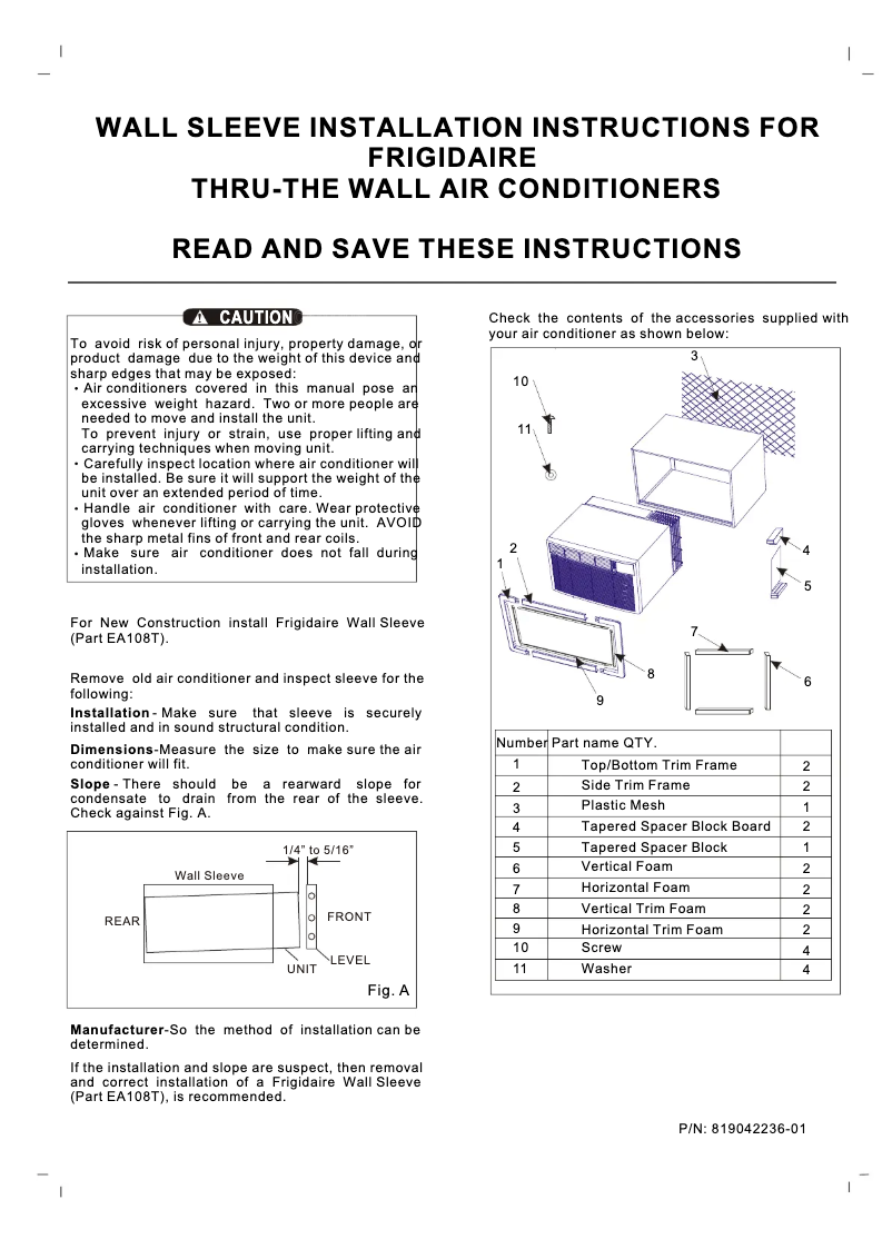 Page 1 de la notice Guide d'installation Frigidaire FAH125P2T