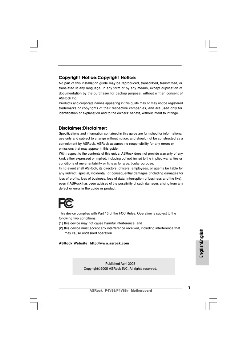 Page 1 of the manual User Manual Asrock P4V88+