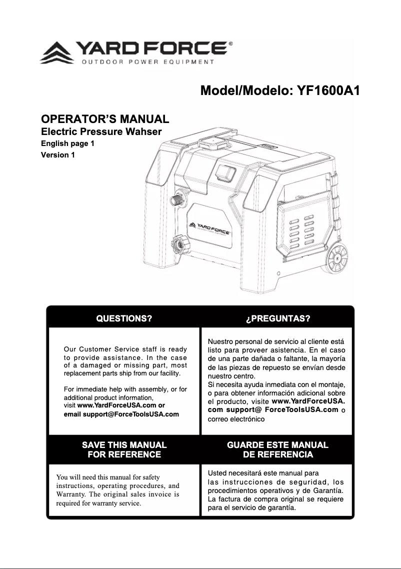 Page 1 de la notice Manuel utilisateur Yard Force YF1600A1