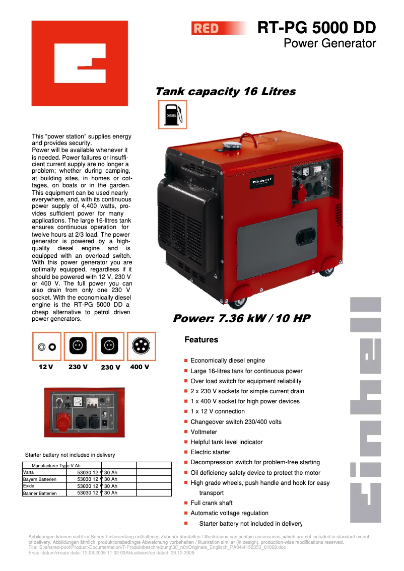 Página 1 del manual Ficha técnica Einhell RT-PG 5000 DD
