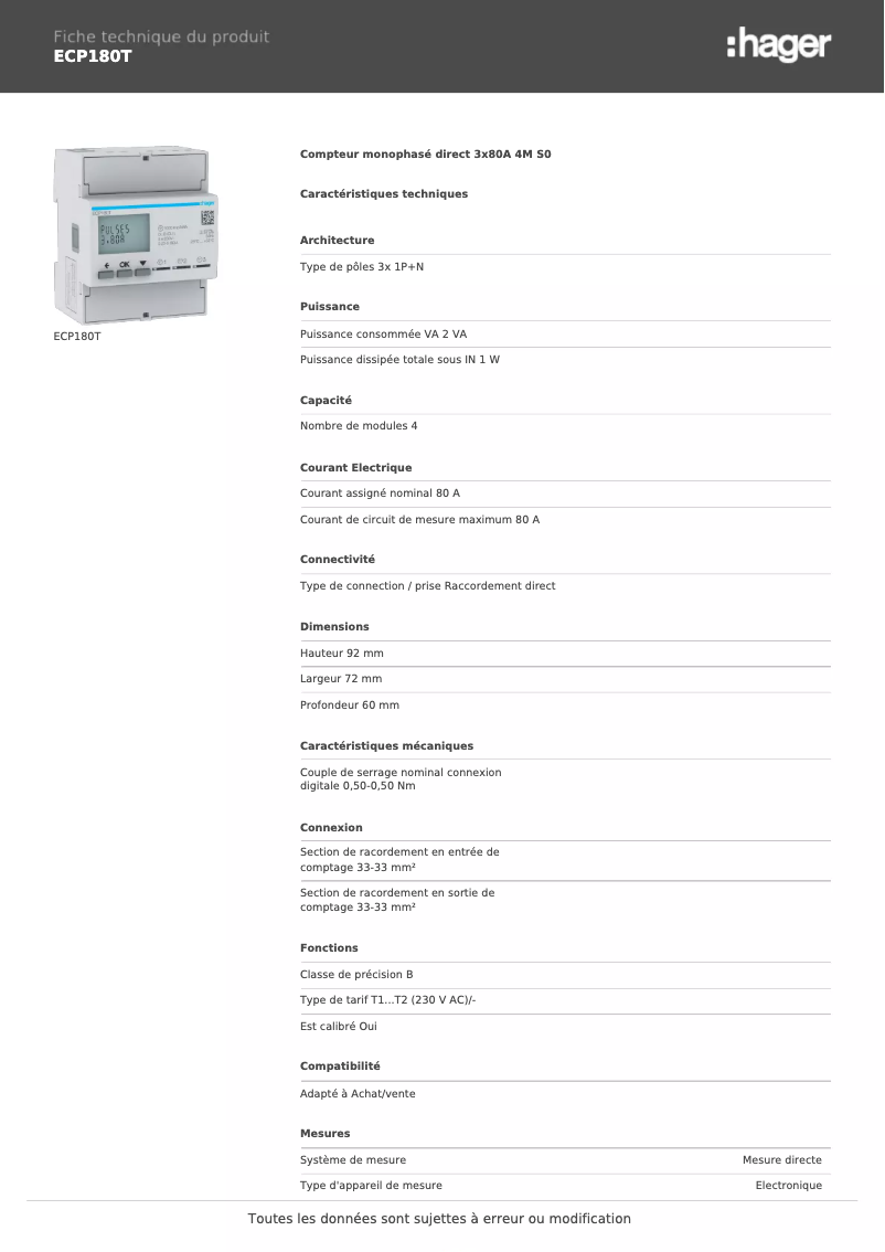 Page n°1 - Fiche technique Hager ECP180T
