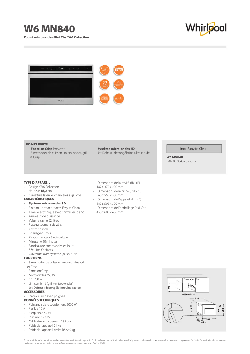 Page n°1 - Fiche technique Whirlpool W6 MN840