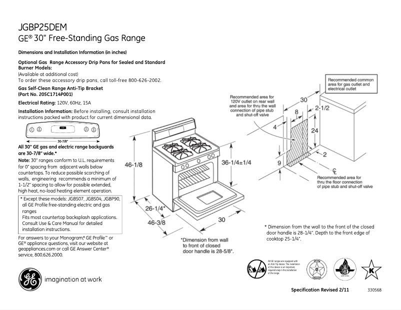 Page 1 of the manual Technical Sheet GE JGBP25DEMBB