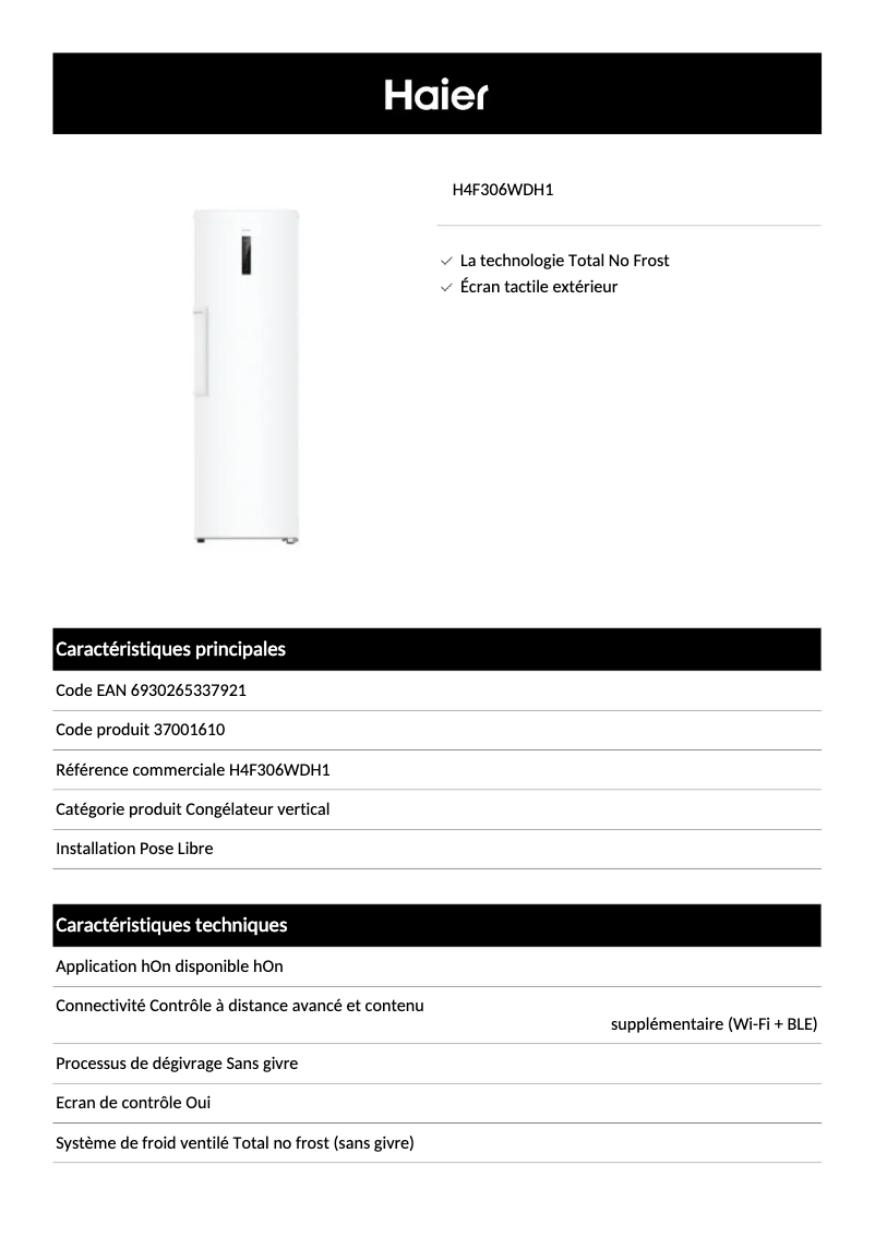 Page 1 de la notice Fiche technique Haier H4F306WDH1