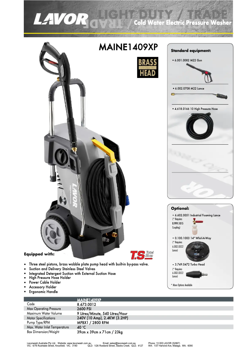 Page 1 de la notice Fiche technique Lavorwash MAINE1409XP