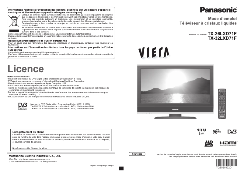 Page 1 de la notice Manuel utilisateur Panasonic Viera TX-32LXD71F