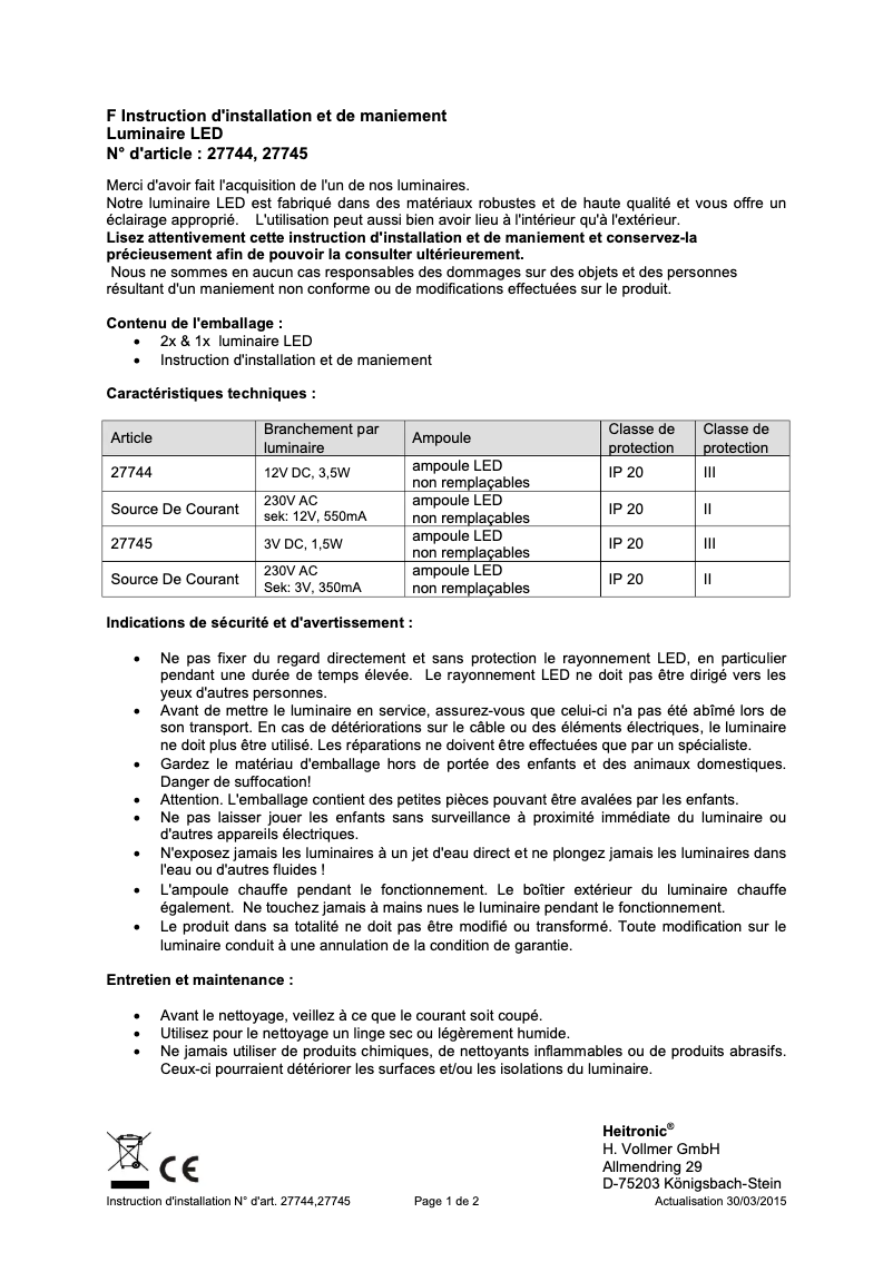 Page 1 de la notice Manuel utilisateur Heitronic Berta 27745