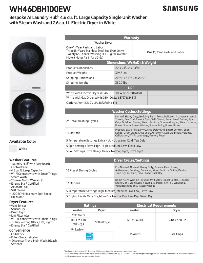 Página 1 del manual Ficha técnica Samsung WH46DBH100EW