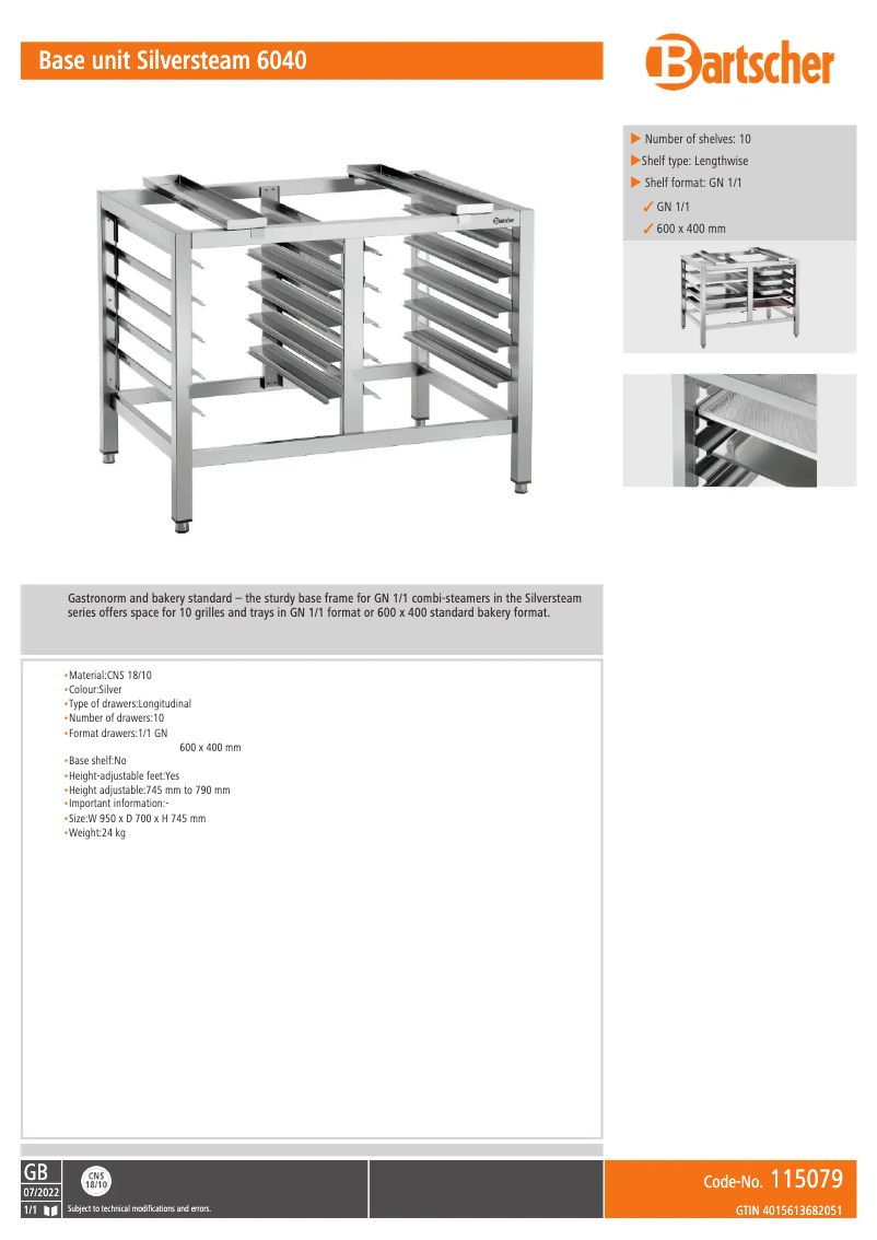 Page n°1 - Fiche technique Bartscher ME 10E11640