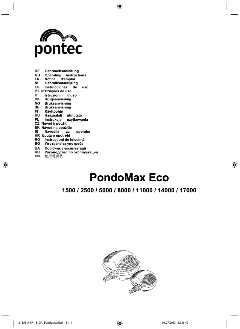 Page 1 de la notice Manuel utilisateur Pontec PondoMax Eco 14000