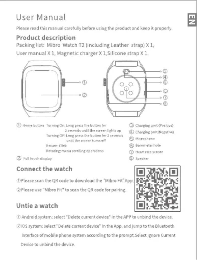 Page 1 de la notice Manuel utilisateur Mibro Watch T2