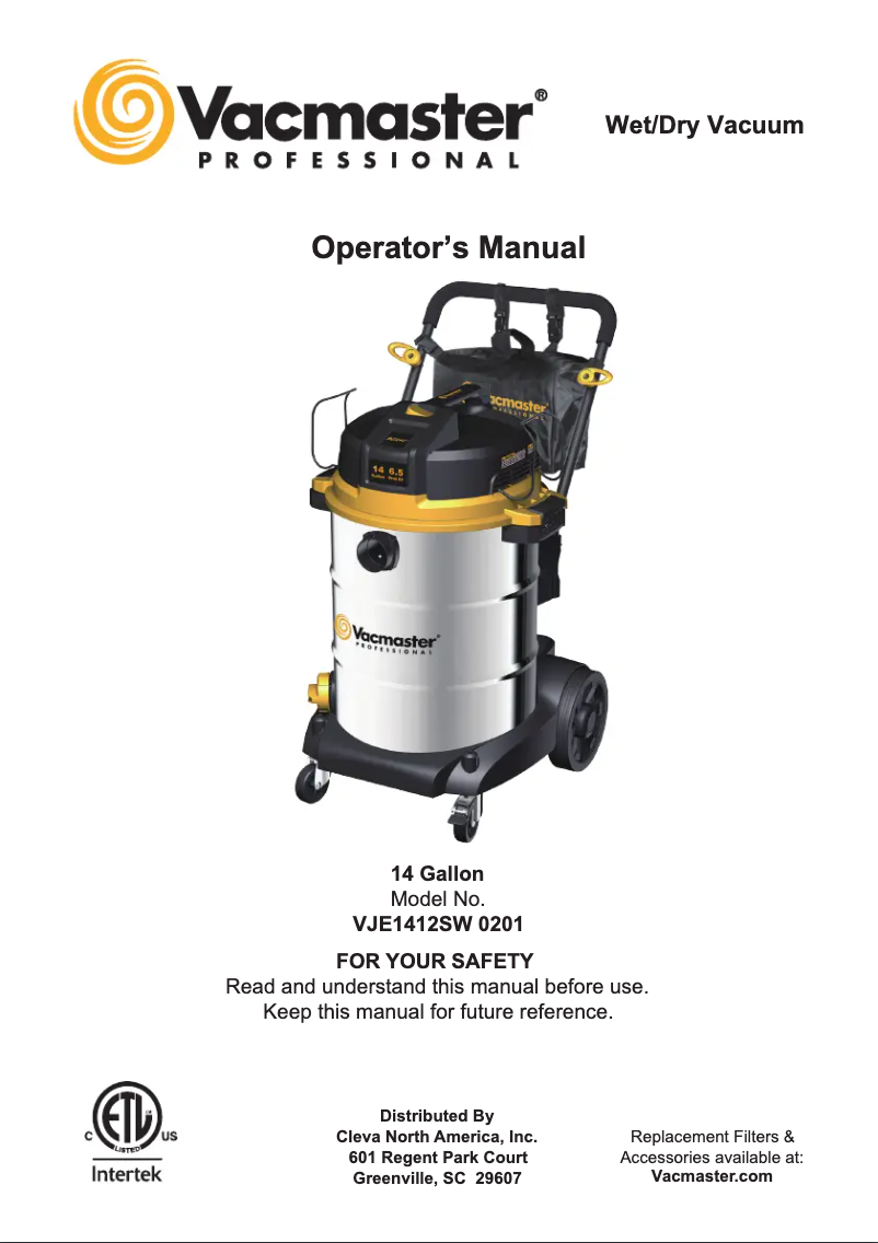 Page 1 de la notice Manuel utilisateur Vacmaster Professional VJE1412SW 0201