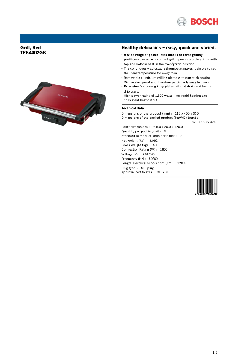 Page 1 de la notice Fiche technique Bosch TFB4402GB