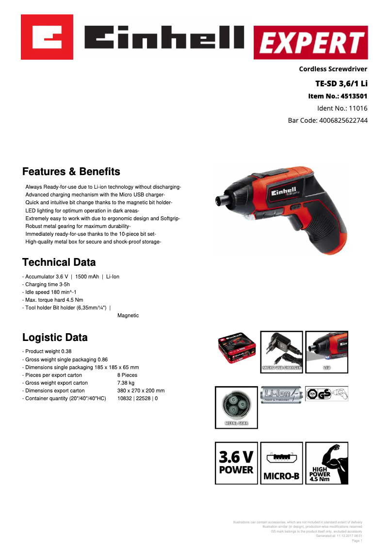 Page 1 de la notice Fiche technique Einhell TE-SD 3,6/1 Li