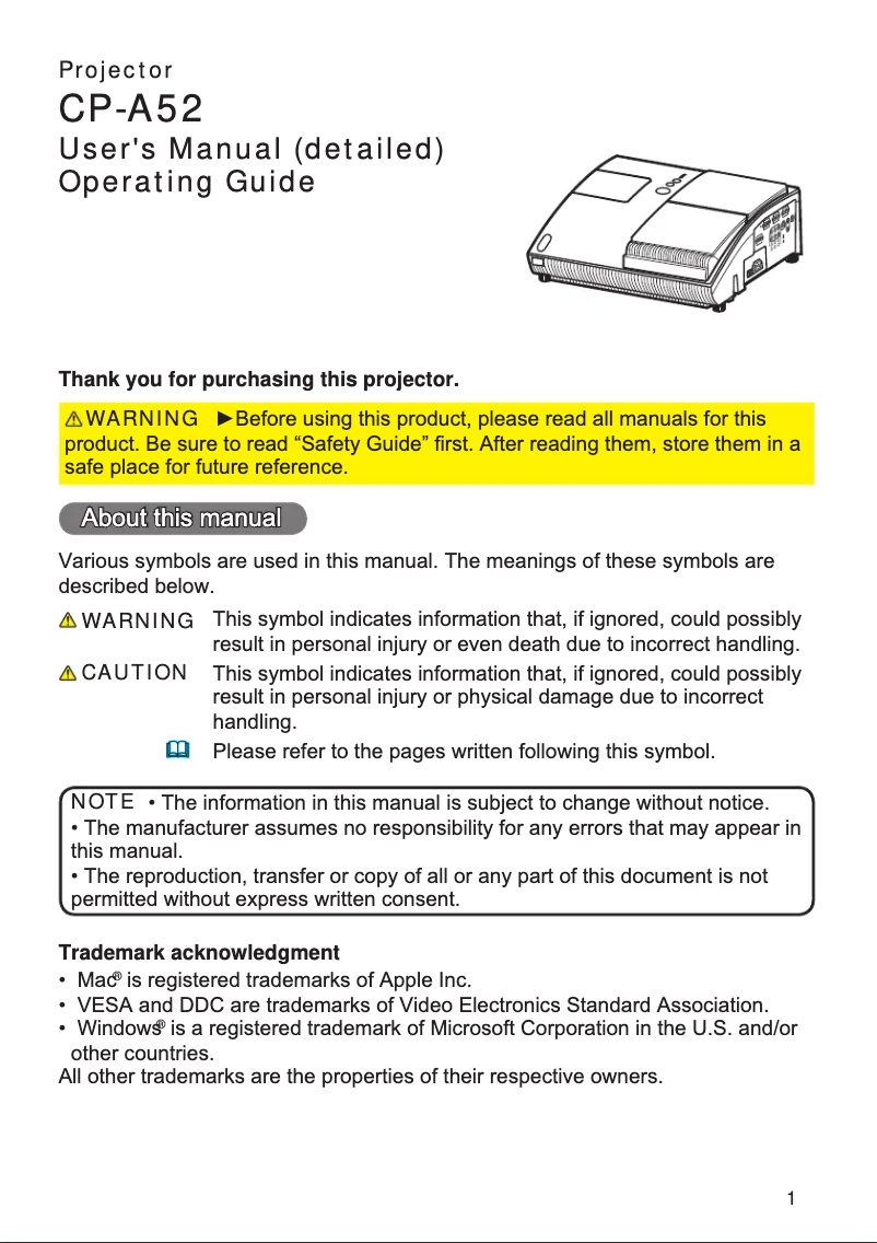 Página 1 del manual Manual de usuario Hitachi CP-A52