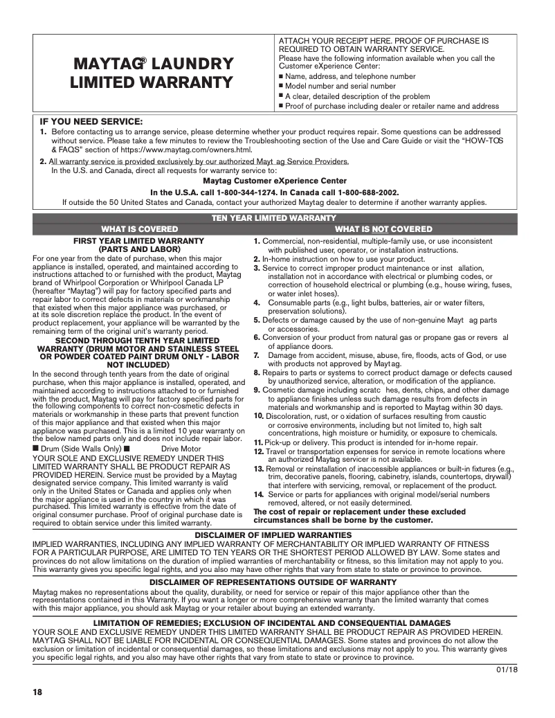 Page 1 de la notice Informations de garantie Maytag MGD5630HW