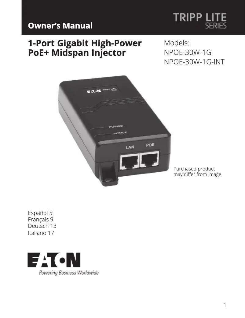 Page n°1 - Manuel utilisateur Tripp Lite NPOE-30W-1G-INT