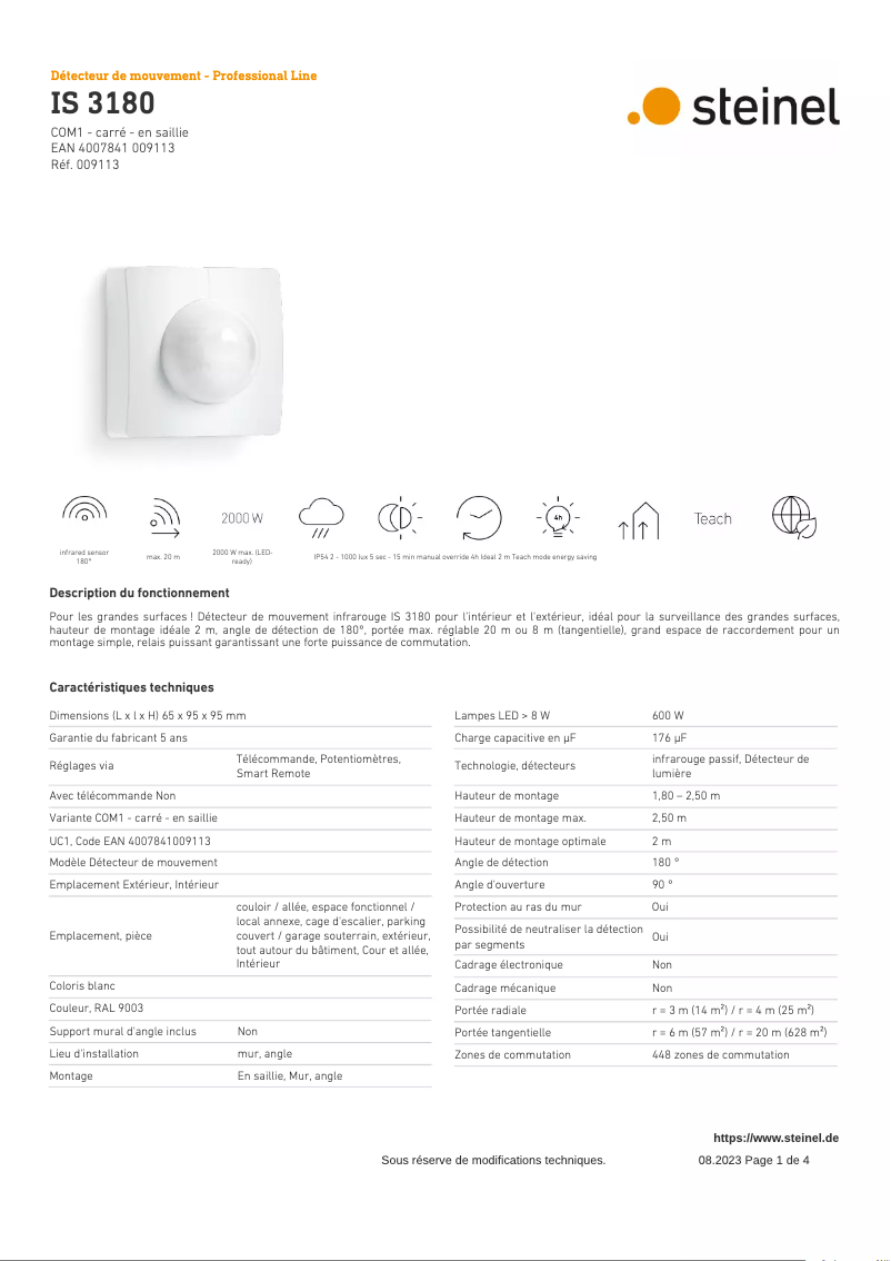 Page 1 de la notice Fiche technique Steinel IS 3180 COM1