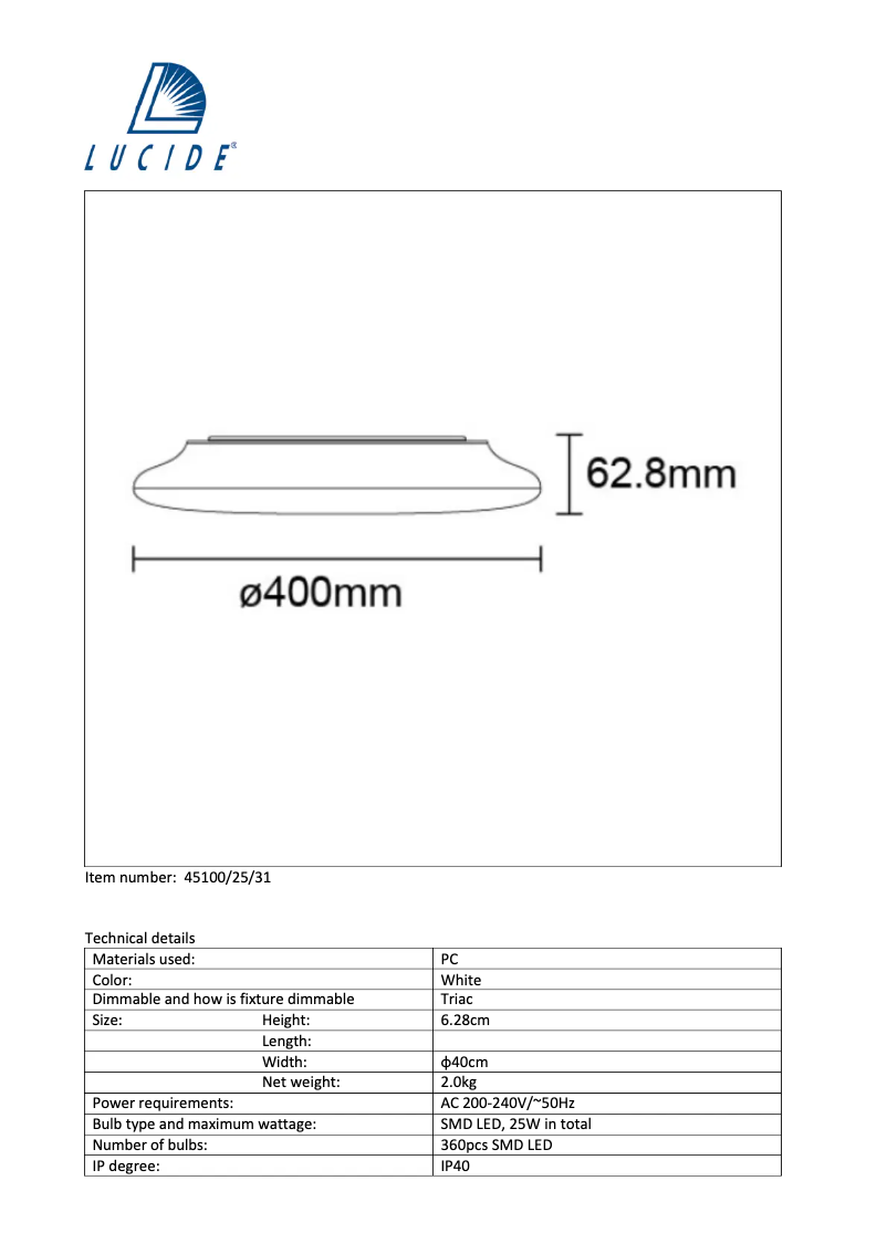 Page n°1 - Manuel utilisateur Lucide Tosis led 45100/25/31