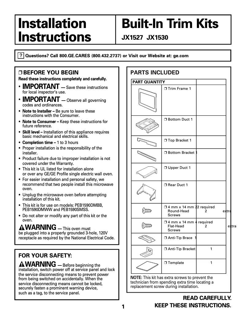Page 1 de la notice Manuel utilisateur GE JX1530MBW