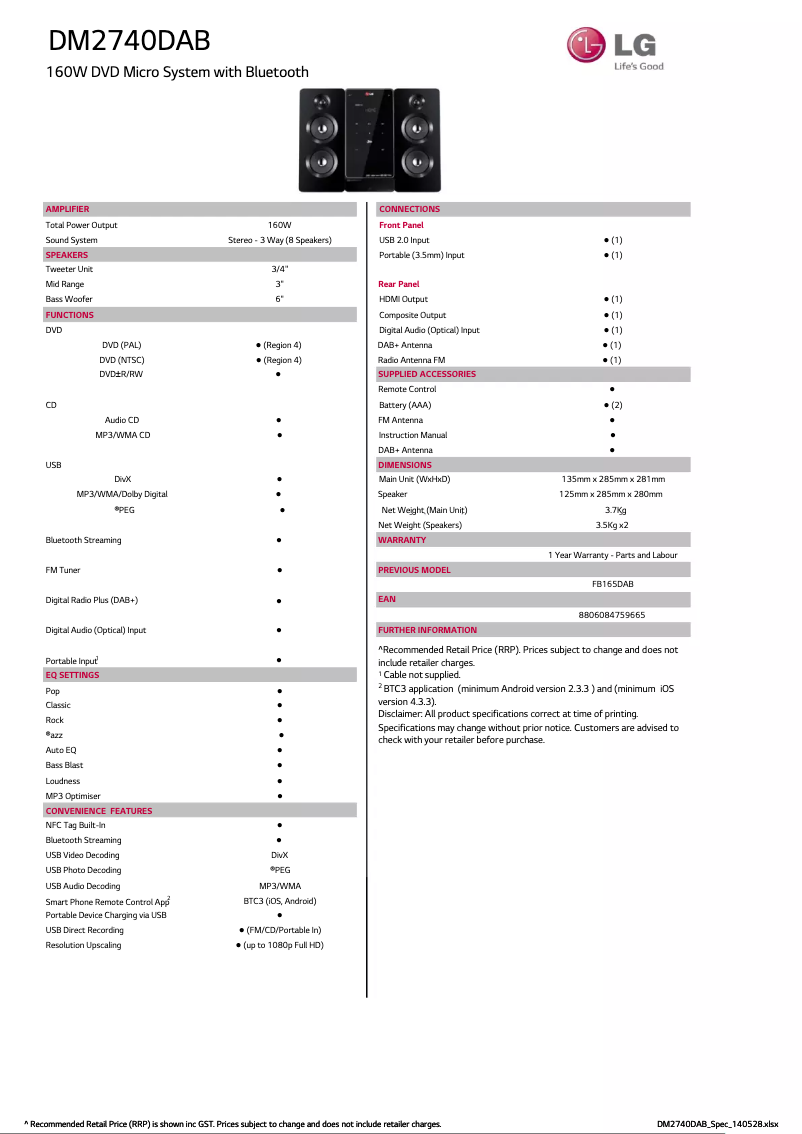 Page 1 de la notice Fiche technique LG DM2740DAB