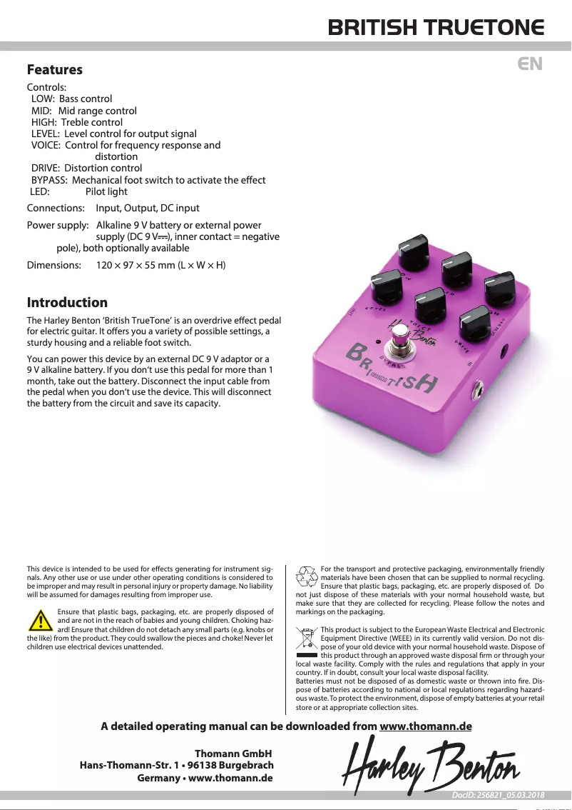Página 1 del manual Ficha técnica Harley Benton British TrueTone