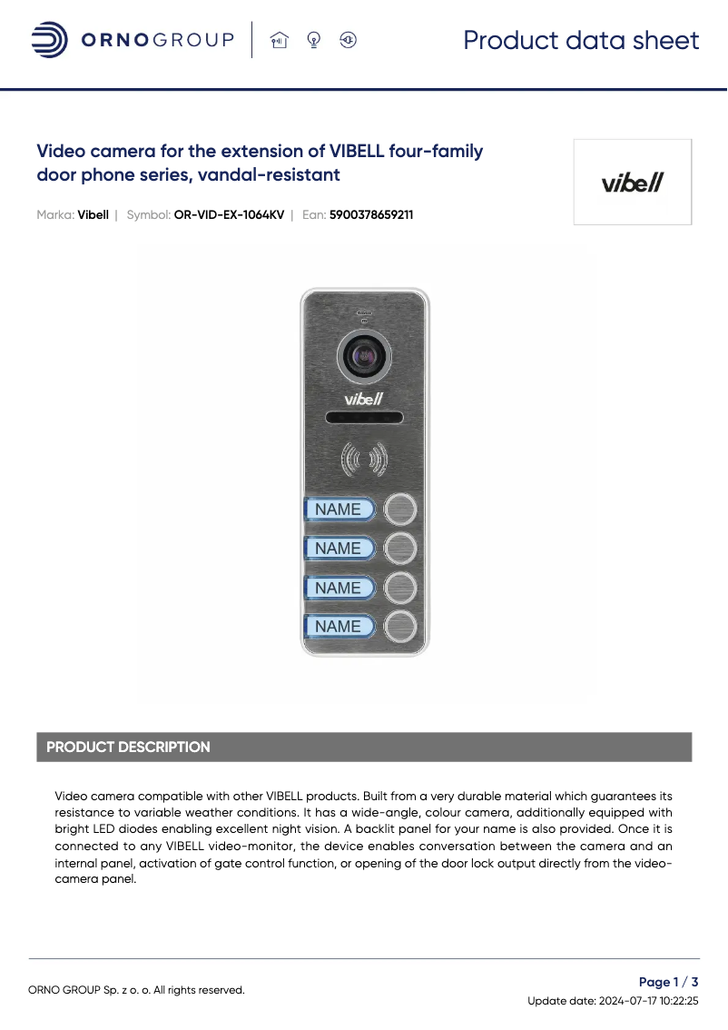 Page 1 de la notice Fiche technique Vibell OR-VID-EX-1064KV