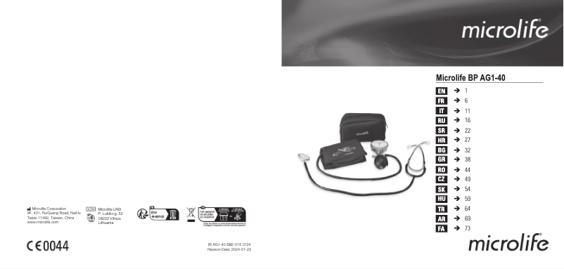 Page n°1 - Manuel utilisateur Microlife BP AG1-40