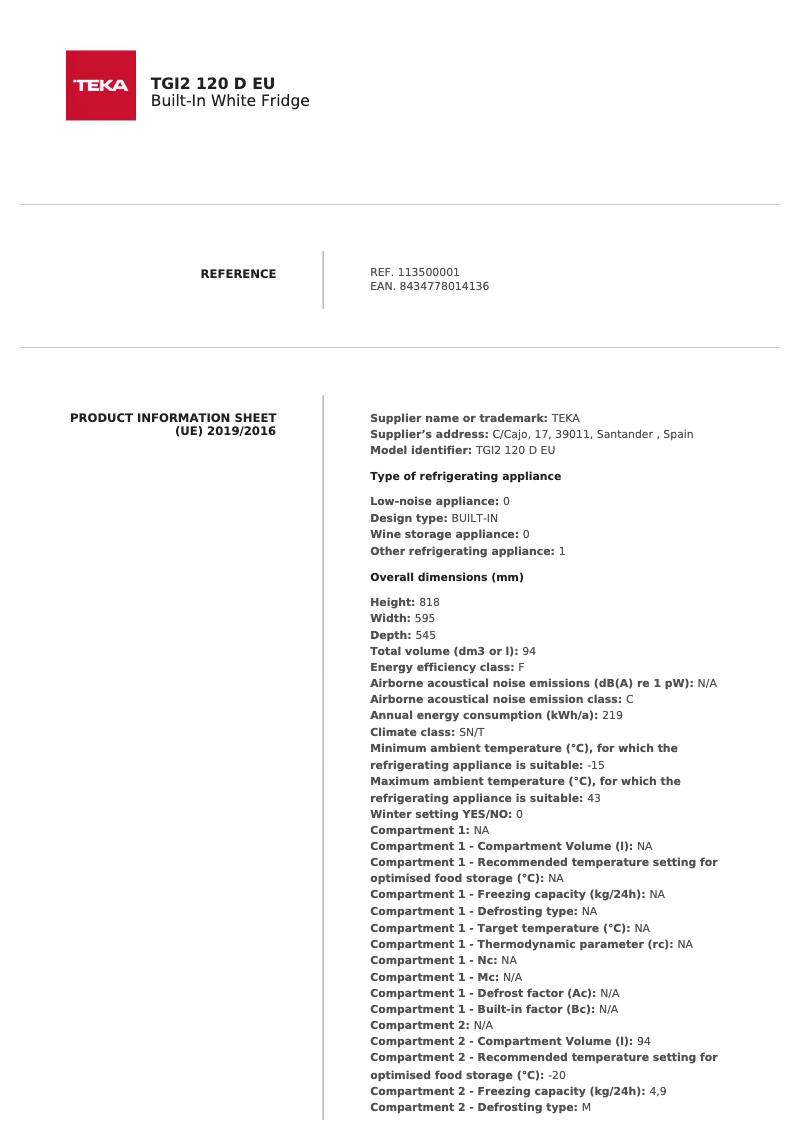 Página 1 del manual Ficha técnica Teka TGI2 120 D