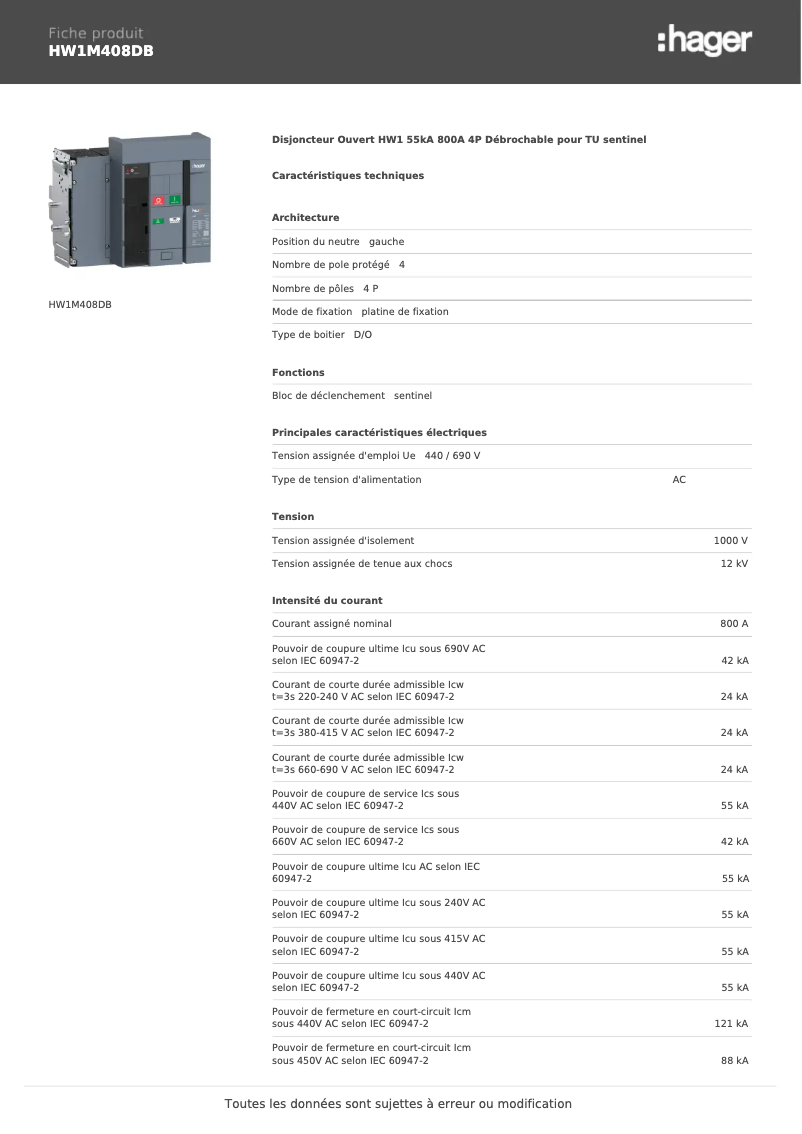 Página 1 del manual Ficha técnica Hager HW1M408DB