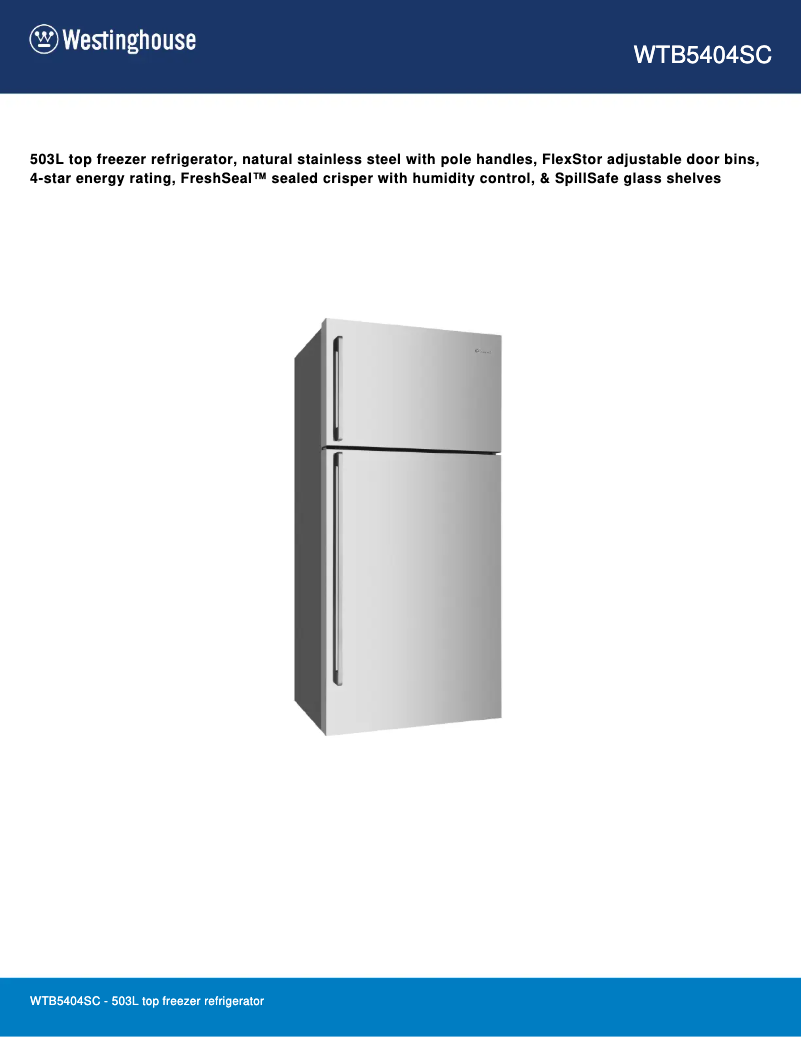 Page 1 de la notice Fiche technique Westinghouse WTB5404SC