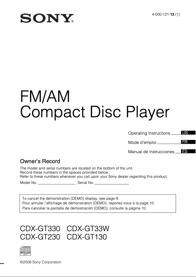 Page 1 de la notice Manuel utilisateur Sony CDX-GT130