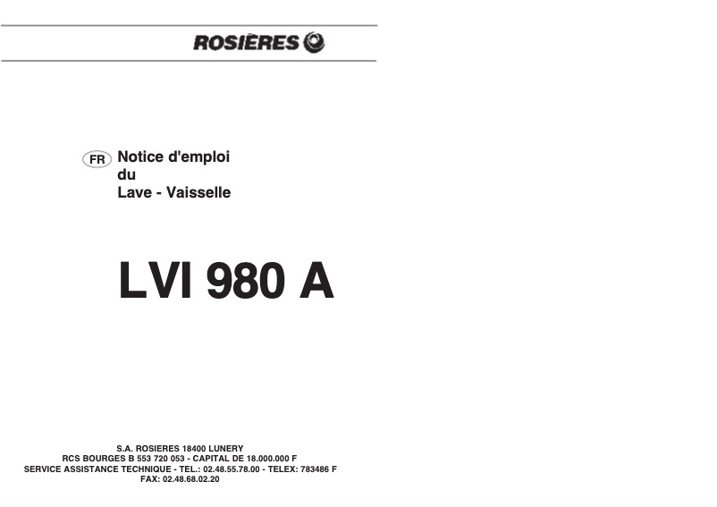 Page 1 de la notice Manuel utilisateur Rosieres LVI 980 AFR