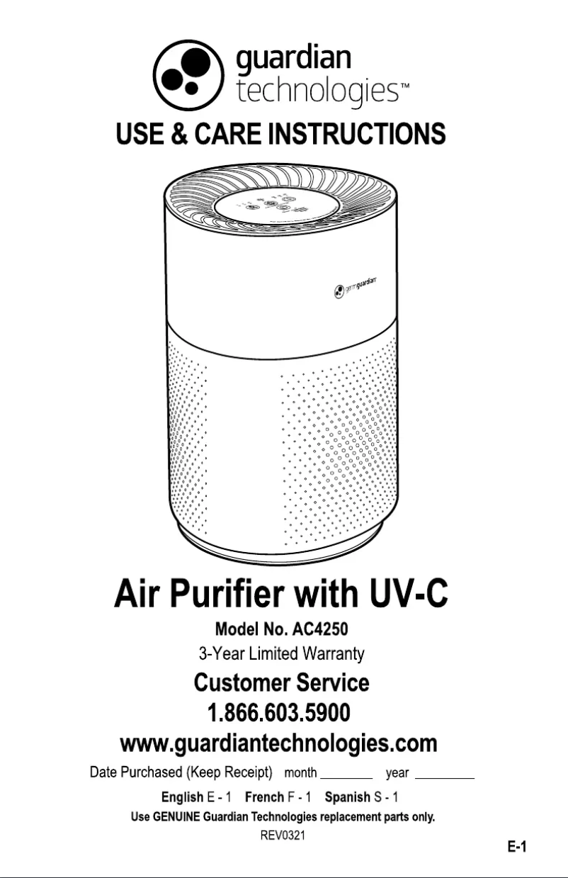 Page 1 de la notice Manuel utilisateur GermGuardian AC4250