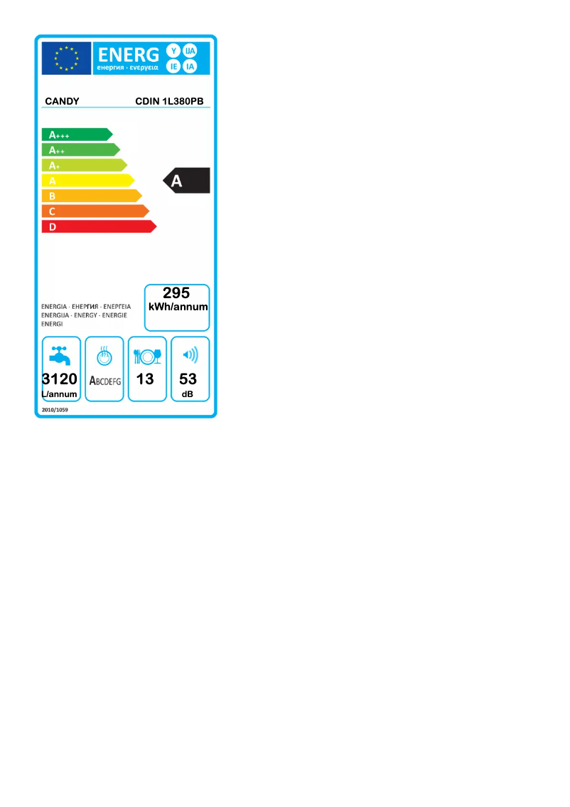 Page 1 de la notice Label énergétique Candy CDIN 1L380PB